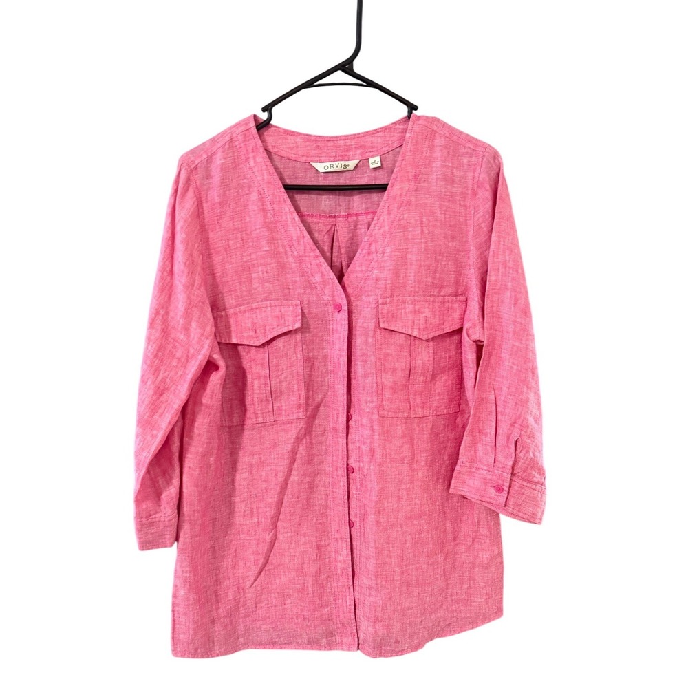Orvis Womens Pink 100% Linen 3/4 Sleeve Button Up Tunic Top Size M Preppy